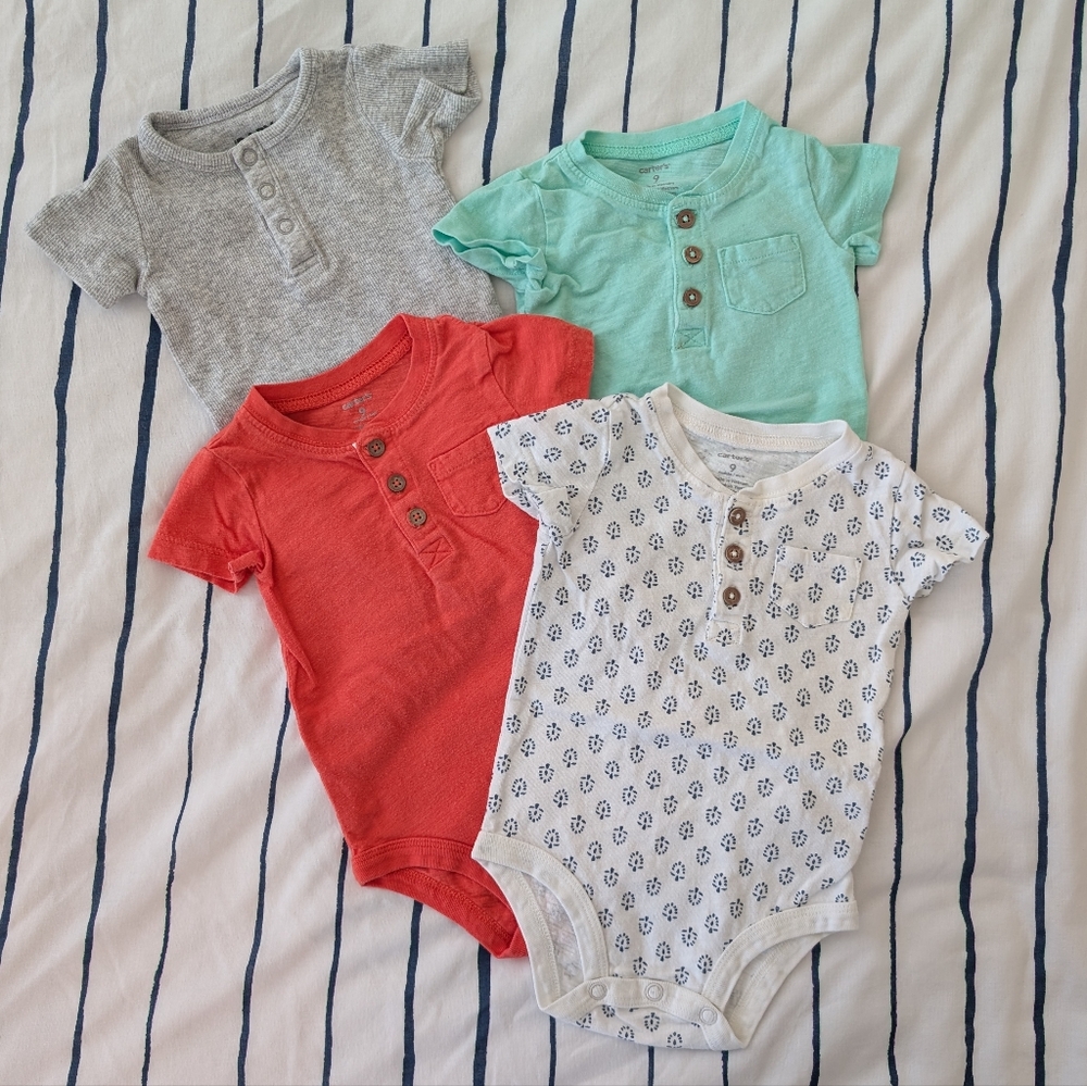 Bundle Lot of Four Baby Onesies in Gray, Red, Mint, and White